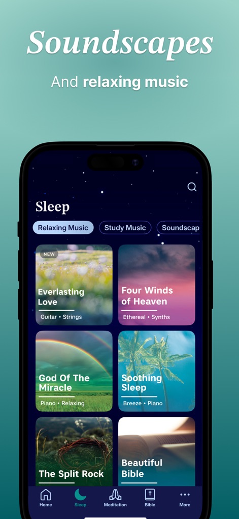 Abide: Bible Prayer Meditation - Users can enhance their sleep or meditation experience with the "Soundscapes" feature, offering options like "Relaxing Music" and various instrumental tracks categorized by genre.