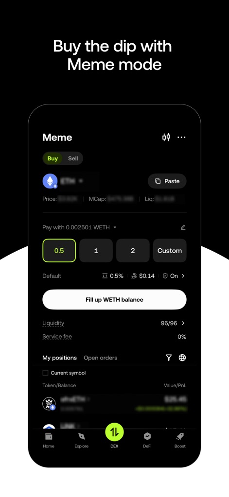 OKX Wallet: Crypto & Web3 - Im Meme-Modus bietet die App eine intuitive Kauf-/Verkaufsoberfläche (X) mit konfigurierbaren Beträgen und transparenten Gebühren (Y) für volatile Token.