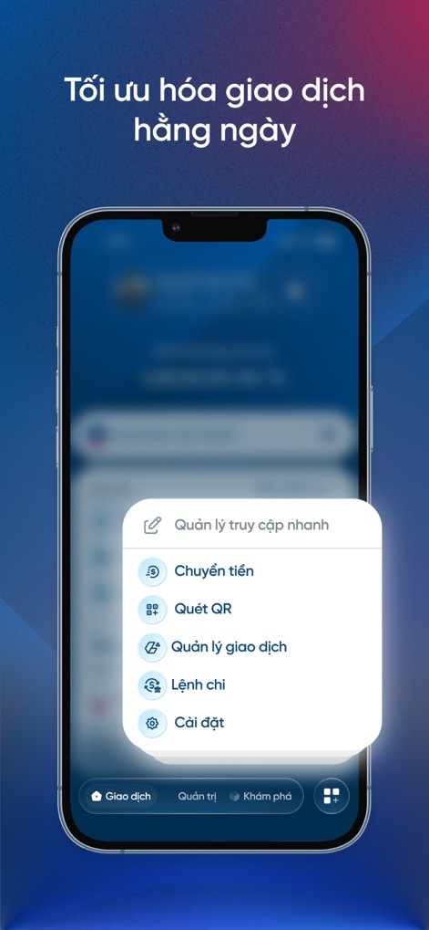 VietinBank eFAST One - Le menu d'accès rapide centralise les fonctions essentielles telles que les transferts et la gestion des transactions, complété par une barre de navigation inférieure pour "Transact", "Manage" et "Explore".