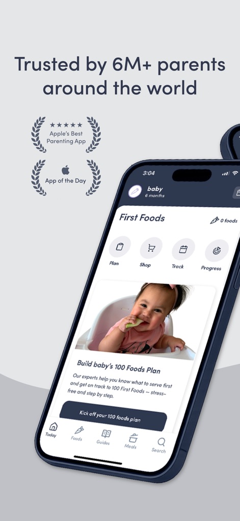 Solid Starts: Baby First Foods - La aplicación ofrece un plan personalizado de 100 alimentos con secciones clave como "Plan" y "Seguimiento", diseñado para guiar a los padres en la introducción segura de sólidos.
