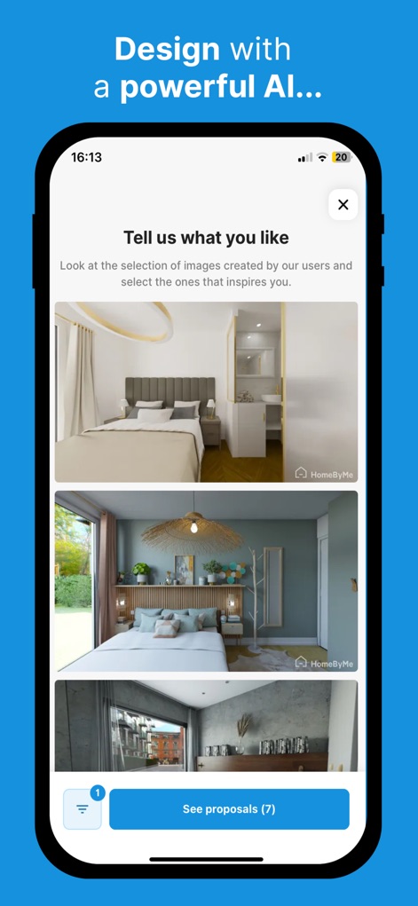 HomeByMe - House Planner 3D - This powerful AI feature guides users by presenting inspiring image selections and prompting them to articulate their design preferences.