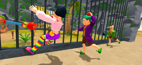 Zoo Monkey Life Simulator - 사용자는 긴 펀치 장난감을 사용하여 동물원 방문객과 장난스러운 상호작용을 할 수 있으며, 무지개 줄무늬 바지를 입은 방문객이 놀라 도망치는 모습을 확인할 수 있습니다.