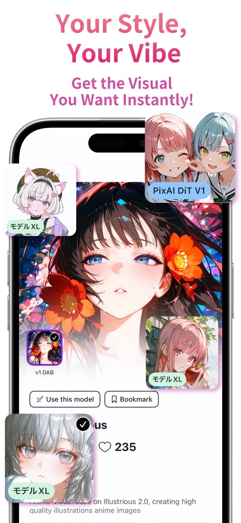 PixAI - AI Anime Art Generator - Esta imagen destaca la capacidad de personalización de la aplicación, presentando una ilustración central detallada y varias miniaturas con etiquetas de modelos como "MODELO XL" y "PixAI DiT V1", permitiendo a los usuarios explorar diversos estilos.