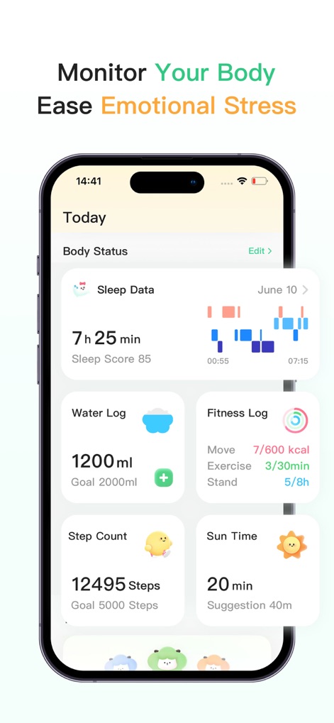 FeelFlow-Stress&HRV&Sleep - See how the app presents key daily health metrics, including detailed Sleep Data summaries and a comprehensive Fitness Log to track activity.