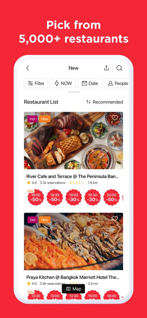 Eatigo - 本アプリのレストランリストでは、ユーザーは「River Cafe and Terrace」のような評価の高いレストランを閲覧し、「フィルター」機能で希望の条件に絞り込むことができます。