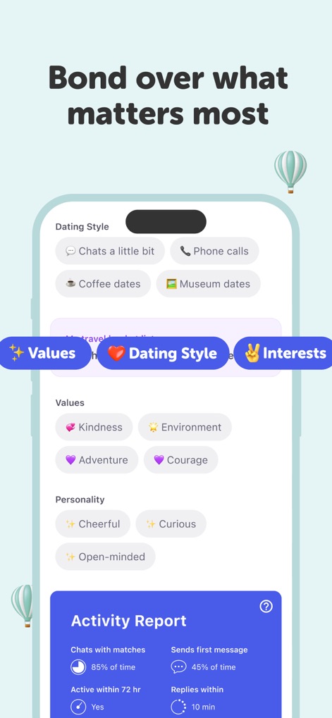 Coffee Meets Bagel: Dating App - This section highlights detailed "Values" and "Personality" traits, alongside an "Activity Report" providing insights into a potential match's engagement and communication habits.