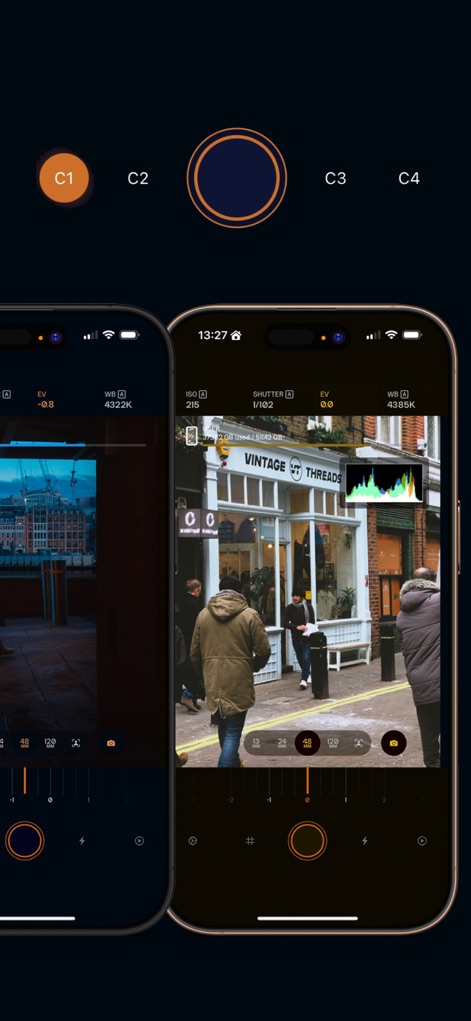 Pearla - Pro Filmic Camera - Las pantallas de los iPhones ilustran los controles de exposición como EV e ISO, y la disponibilidad de múltiples preajustes de color (C1, C2, C3, C4) que permiten a los usuarios personalizar rápidamente sus tomas.
