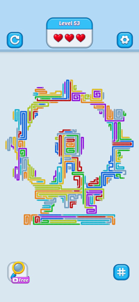 Wiggle Escape: Snake Puzzle - 細いヘビが複雑なギアのような形状を形成し、高度なレベル53の挑戦を示唆しています。この画像は、多色の細いラインと、画面下部の無料ヒントアイコンが目を引きます。