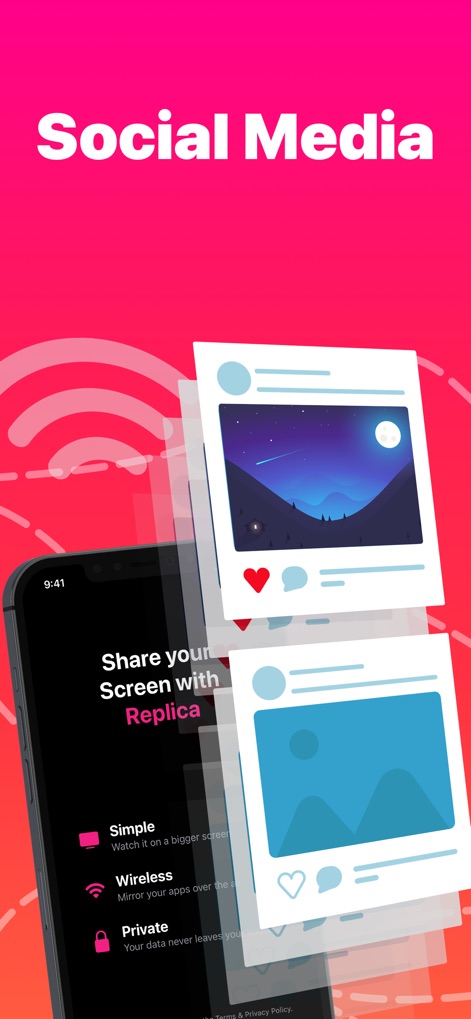 Replica・Screen Mirroring・Cast - See how social media posts, like photo updates, can be effortlessly mirrored, highlighting the app's 'Wireless' and 'Private' sharing capabilities.