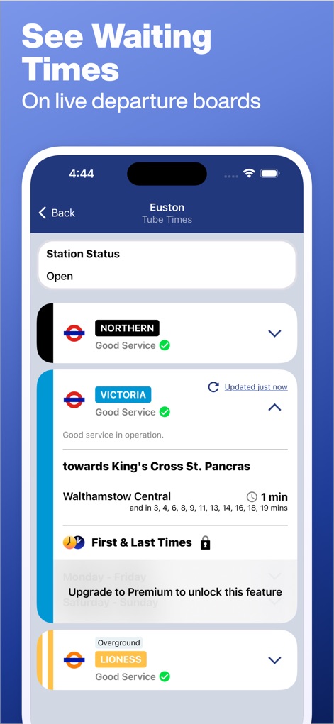 Tube Map - London Underground - Die App zeigt Live-Abfahrtszeiten für verschiedene Linien, wie die 1-minütige Wartezeit für die Northern Line und die "updated just now"-Informationen der Victoria Line.