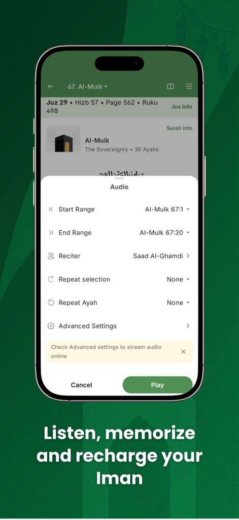 Al Quran (Tafsir & by Word) - Configure audio playback by setting precise "Start Range" and "End Range" for verses, and select from various "Reciter" options for tailored listening.