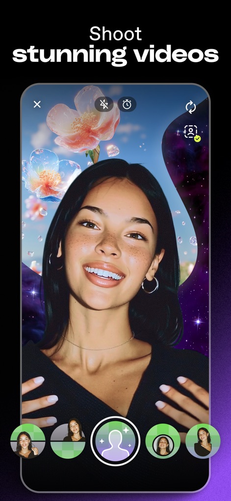 Dailymotion: Social Videos - Users can enhance their recordings with dynamic filters and a cinematic zoom feature, visible through the intuitive camera controls at the top and style options at the bottom.