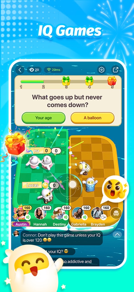 TopTop: Games & Party - Esta captura presenta un juego de preguntas de lógica con opciones de respuesta claras, complementado por un vibrante juego de mesa en tiempo real que incluye los avatares de los jugadores.