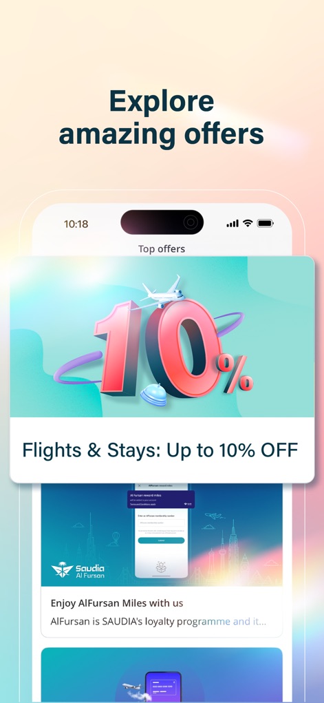 Almosafer: Flights & Stays - This screen highlights the app's commitment to value, showcasing prominent promotional banners like 'Flights & Stays: Up to 10% OFF' and partnership offers including 'Saudia AlFursan Miles'.