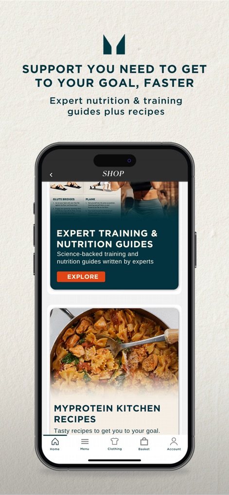 Myprotein: Fitness & Nutrition - This section of the app offers comprehensive expert training and nutrition guides, alongside delicious Myprotein Kitchen recipes, to support users in achieving their fitness goals.