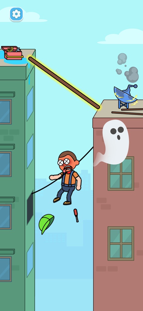 Death Puzzle - Discover the precarious challenge as a character navigates a tightrope between buildings, while a magical wizard hat and falling items create an unpredictable scenario.