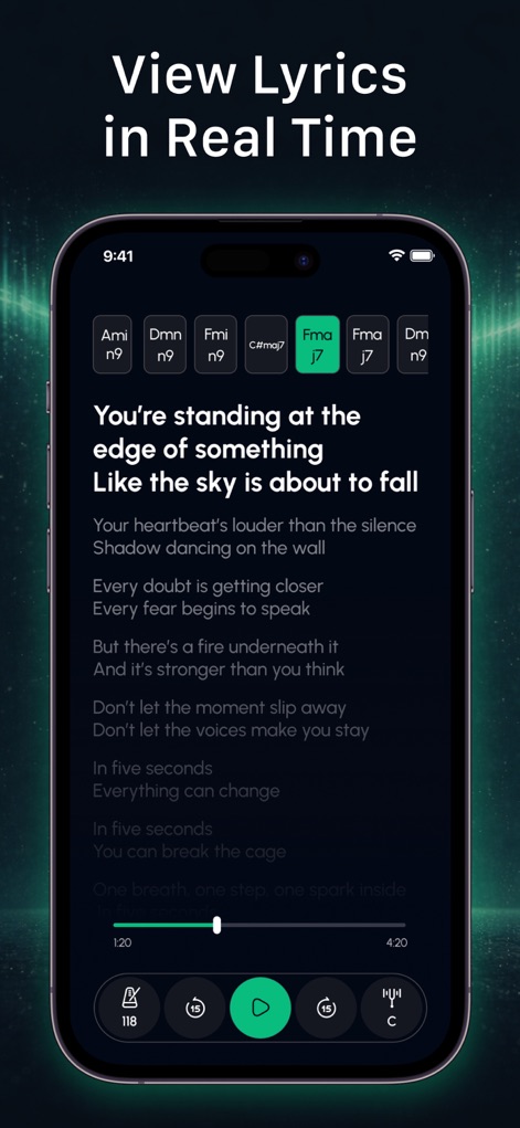 Stem Music and Voice Remover - Discover how the app enhances practice sessions by displaying synchronized lyrics alongside dynamic chord changes in real-time.
