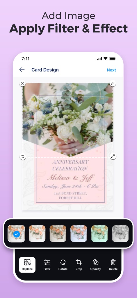 Invitation Maker - Invites4U - La aplicación permite una edición avanzada de imágenes, donde los usuarios pueden aplicar diversos filtros visuales y ajustar elementos como la opacidad o el recorte para perfeccionar el diseño de su tarjeta de aniversario.