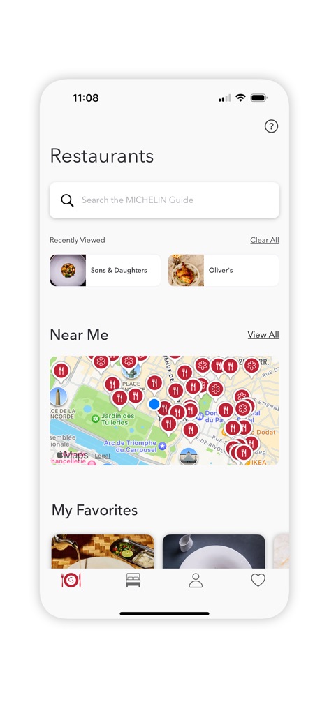 The MICHELIN Guide - Users can effortlessly locate nearby dining options on the interactive map and quickly access their saved favorite establishments from a curated photo carousel.