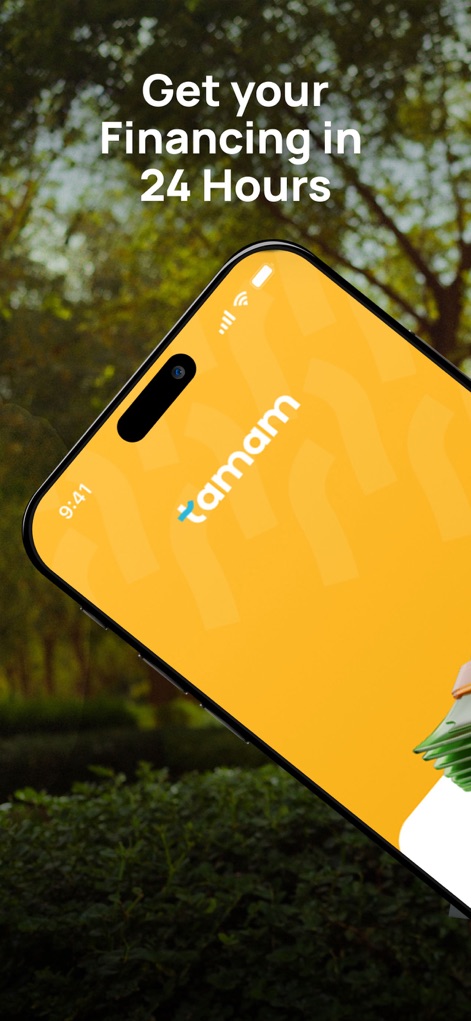 tamam | money won’t stop you - The app showcases its commitment to rapid service, ensuring users can get their financing in 24 hours, with the 'tamam' brand logo clearly visible on the minimalist interface.