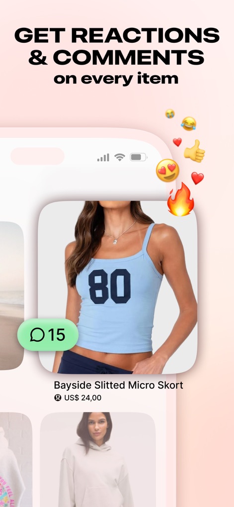 Listful - Wishlist & Shopping - Users can foster engagement on their wishlists through interactive features, including a visible comment count ('15') and various emoji reactions such as 'heart' and 'fire' emojis.