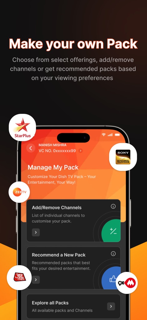 My DishTV - このアプリでは、ユーザーがチャンネルを追加または削除できる機能と、視聴履歴に基づいたおすすめパックの提案を通じて、パーソナルな視聴体験を作成できます。