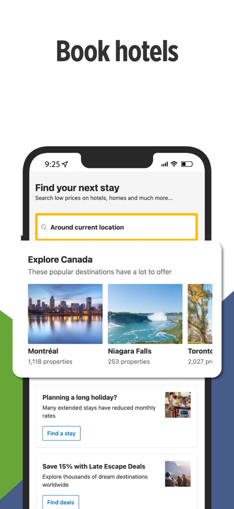 JustFly: Cheap Flights - La aplicación facilita la búsqueda de hoteles con una sección para "Explorar Canadá" y ofrece atractivas promociones como "Ofertas de Última Hora con 15% de ahorro" para estancias prolongadas o espontáneas.