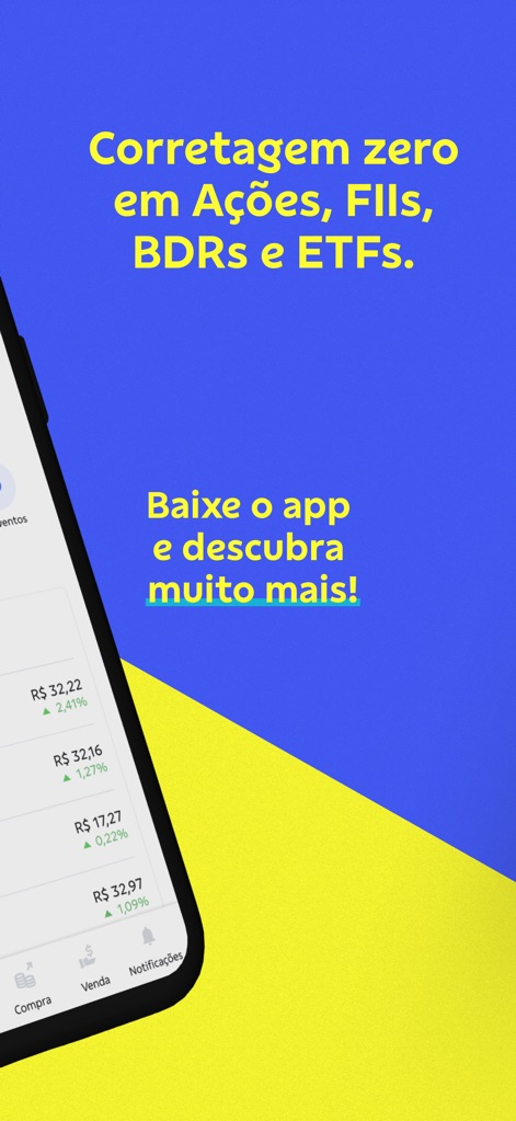 Investimentos BB Taxa Zero - Este visual enfatiza a ausência de corretagem para diversos ativos, exibindo a rentabilidade de papéis como PETR4 e EMBR3, e os botões de "Compra" e "Venda" para ações.