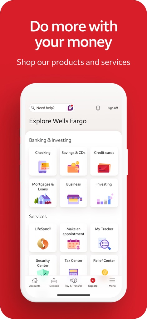 Wells Fargo Mobile® - The app’s 'Explore' section showcases a wide array of financial products and services, presented through distinct categories and clear service icons.