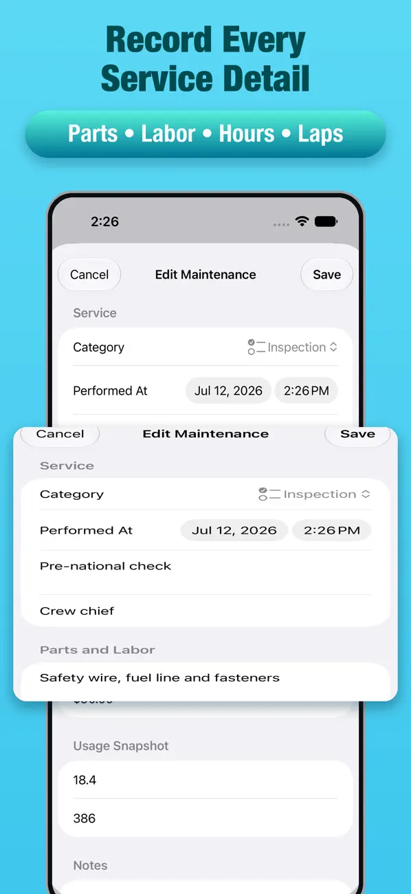 KartTrackerAI maintenance record fields