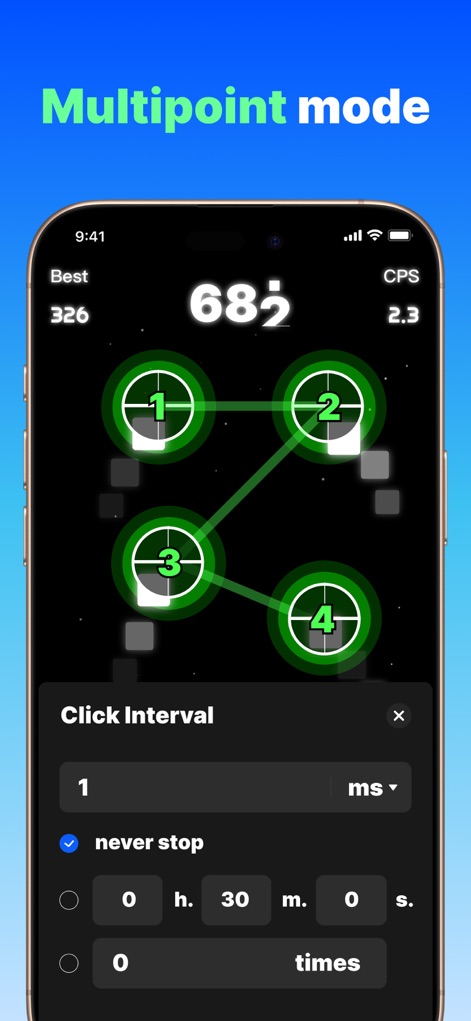 GA Auto Clicker - Observe the "Multipoint mode" in action, where users define a series of interconnected click targets (1-4) and precisely control the "Click Interval" and duration for automated tasks.