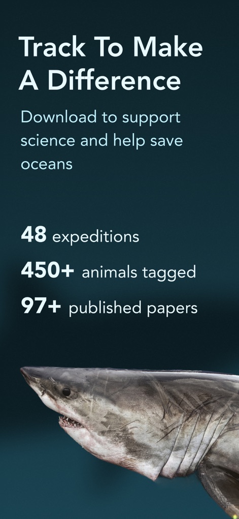 OCEARCH Shark Tracker™ - Questo strumento evidenzia l'impatto tangibile della ricerca scientifica, mostrando le statistiche chiave come '450+ animali taggati' e l'invito a 'Track To Make A Difference'.