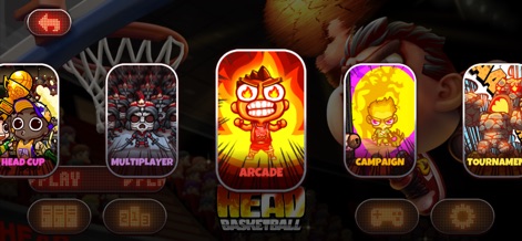 Head Basketball - Users can explore the app's diverse game modes, clearly presented with distinct icons for options like "ARCADE" and "MULTIPLAYER".