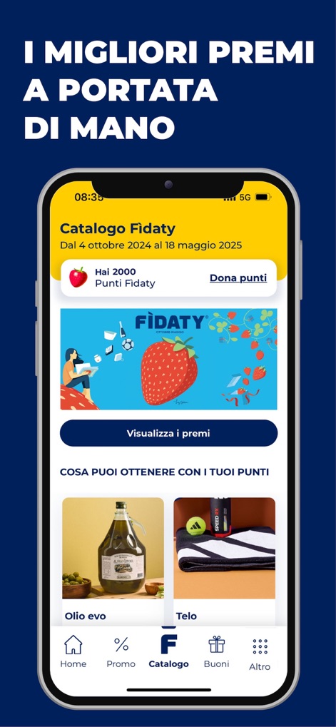 Esselunga - 이 앱은 사용자가 누적된 피다티 포인트를 쉽게 확인하게 하며, 올리브 오일이나 수건 같은 다양한 보상 품목을 선택할 수 있는 기회를 제공합니다.