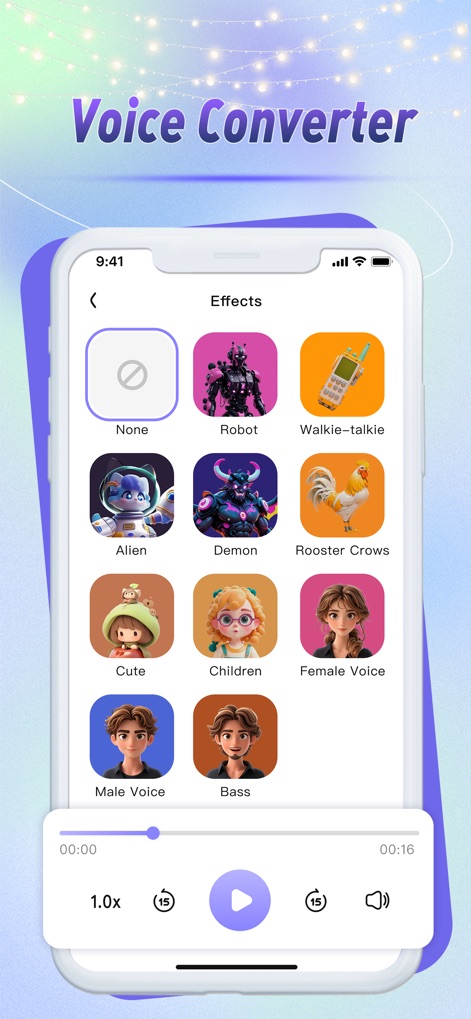 AI Voice Changer & Converter - 多彩なボイスエフェクトの選択肢と、再生速度を調整できるメディアプレイヤー機能で、ユーザーは音声を楽しく変換できます。
