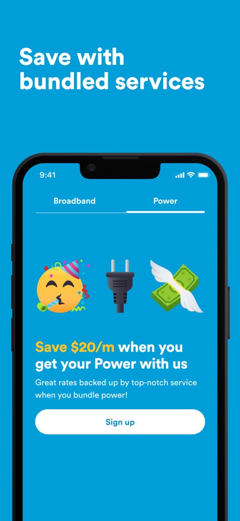 2degrees NZ - The app highlights exclusive savings opportunities, such as a '$20/m' discount for bundling power services, clearly presented with an inviting 'Sign up' button.