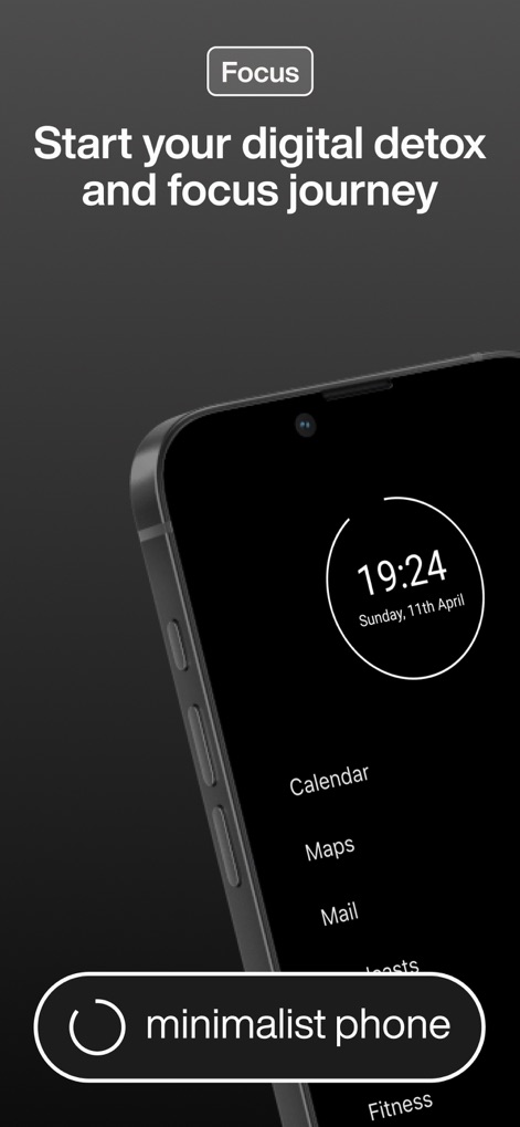 minimalist phone ® - This tool guides users to start their digital detox journey with a clear, motivating text prompt and reinforces the brand with a prominent minimalist phone button.