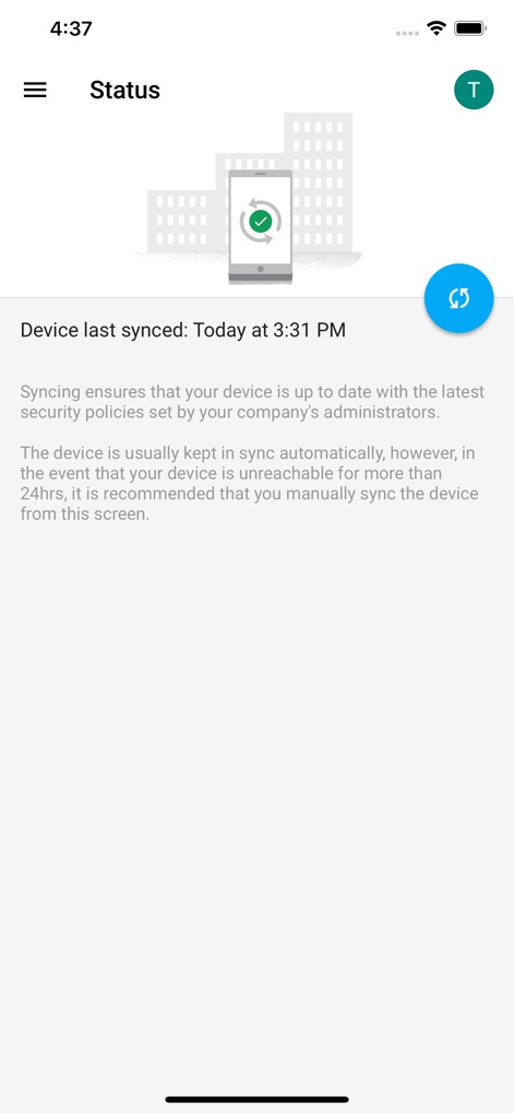 Google Device Policy - Users can monitor their device's synchronization status and manually trigger a refresh via the dedicated blue circular button to ensure up-to-date security policies.