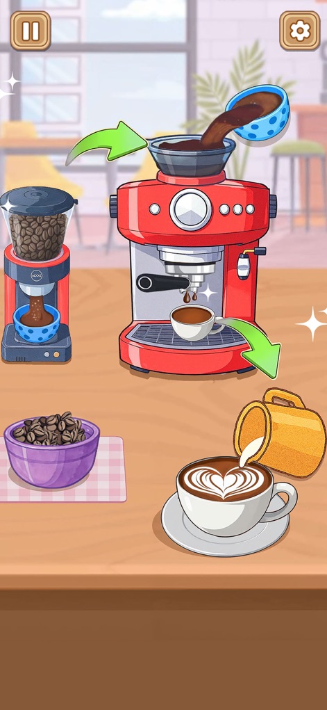 Crazy Kitchen Set Cooking ASMR - A imagem detalha o preparo de café, desde a moagem dos grãos frescos na máquina até a arte de latte em uma xícara, destacando a precisão e o prazer na bebida.