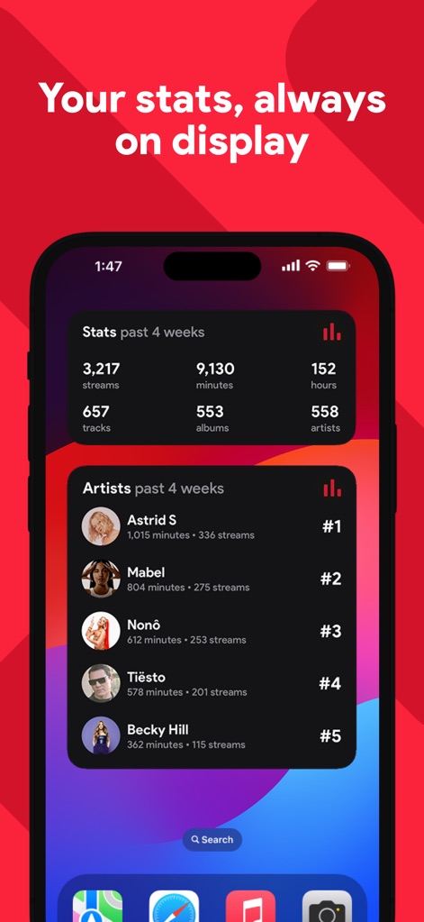 stats.fm for Apple Music - Access key listening statistics directly from the home screen with customizable widgets, showing top artists and overall streaming figures.