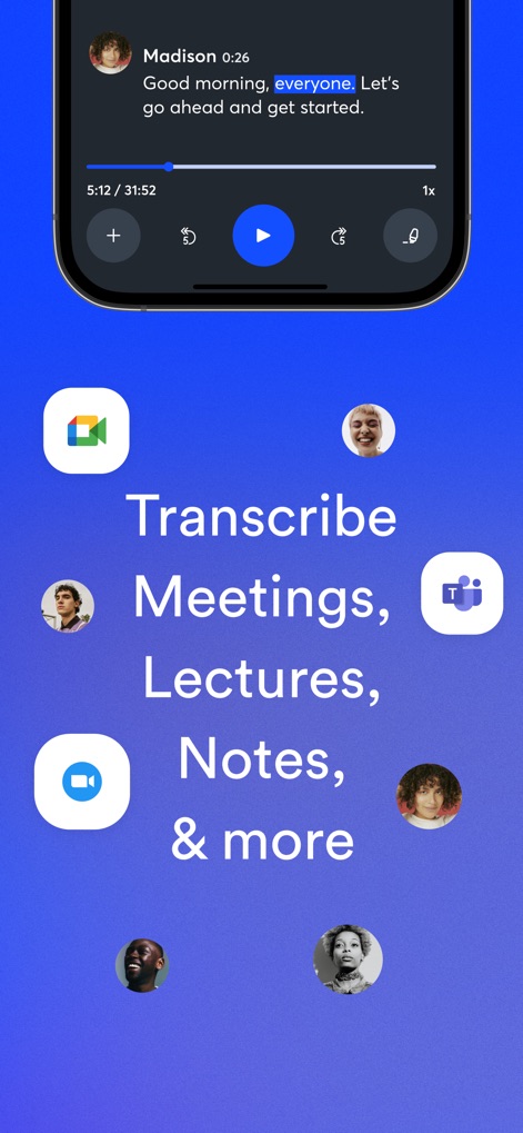 Otter Transcribe Voice Notes - La pantalla enfatiza la versatilidad de la aplicación al transcribir reuniones de "Google Meet" y "Zoom", mostrando la integración con múltiples plataformas de comunicación.