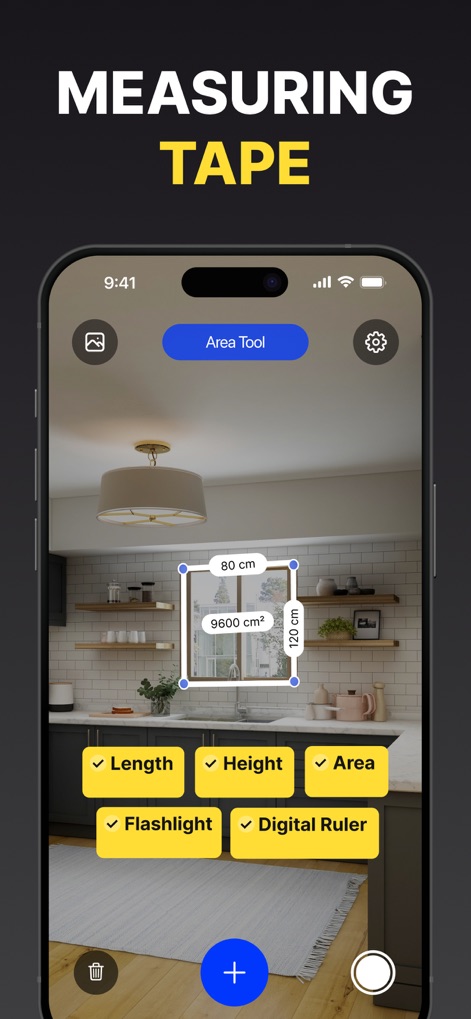 Measuring Tape+ Measure AR app - See how the app leverages AR technology for precise area measurement, clearly displaying dimensions like 80 cm and a total area of 9600 cm².
