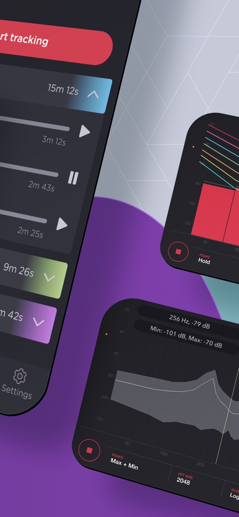 Decibel : dB sound level meter - Nutzer können ihre Schallmessungen speichern und verwalten, wie die Liste der Aufnahmen zeigt, und erhalten zudem erweiterte Spektrumanalysen mit Peak Hold und Max+Min Graphen.