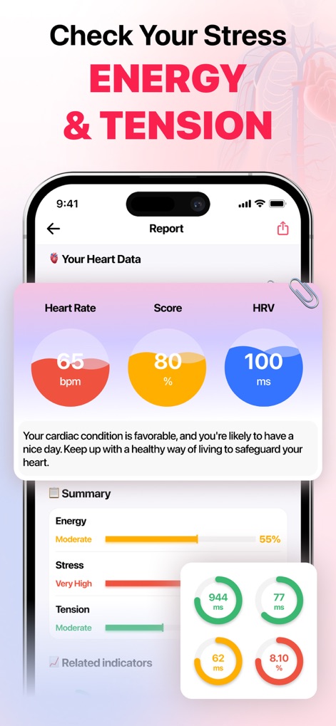 Heart Rate Monitor: For health - Examine the app's capability to provide detailed heart health metrics like Heart Rate and HRV, alongside a visual summary of Energy, Stress, and Tension levels.