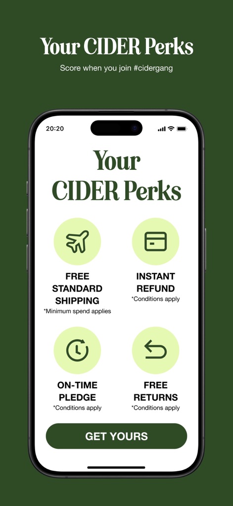 CIDER - Clothing & Fashion - Questa schermata evidenzia i "CIDER Perks" che garantiscono un'esperienza di shopping senza preoccupazioni, con spedizione standard gratuita e resi facili e veloci, a testimonianza dell'impegno dell'app verso la soddisfazione del cliente.