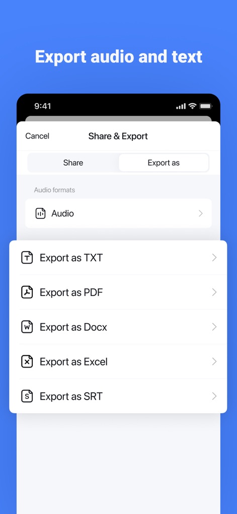 Notta Transcribe Voice to Text - Notta offers extensive export flexibility, providing multiple text export options including PDF and Docx, alongside an audio export function.