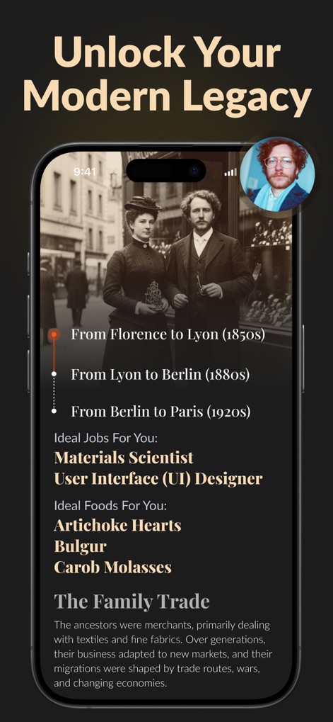 True Heritage & Ancestry: EDNA - Los usuarios pueden explorar una línea de tiempo detallada de migraciones ancestrales y descubrir "Ideal Jobs For You" que conectan sus habilidades con oficios históricos, como el de "Materials Scientist" o "UI Designer".