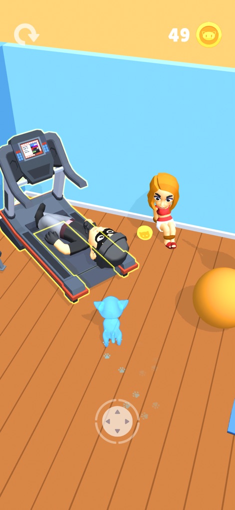 Spooky Cat - Watch as the 'Spooky Cat' character, leaving subtle footprints, approaches a 'bully' character on a treadmill, illustrating the app's playful engagement and goal of enforcing justice.