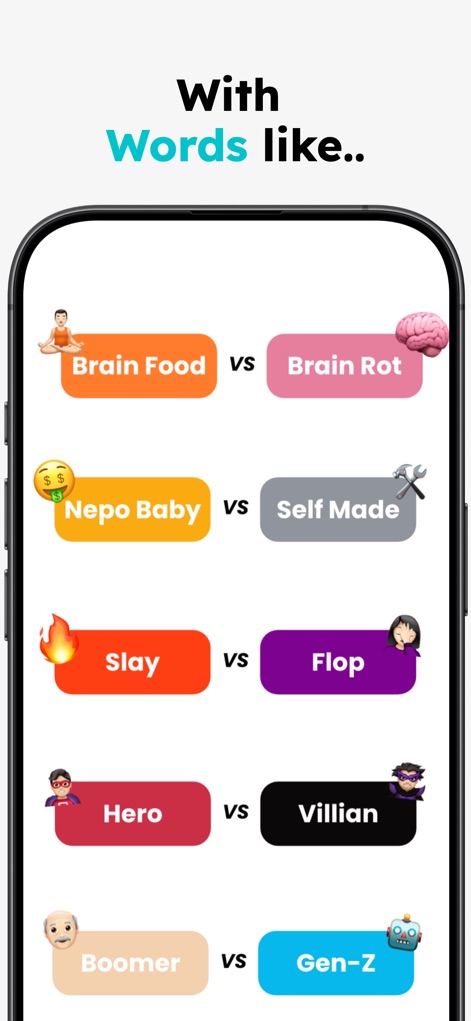 Perfect Match: Headsynch - The app challenges players with engaging word pairs like "Slay vs Flop" and uses vivid emojis to represent each concept, sparking lively discussions.