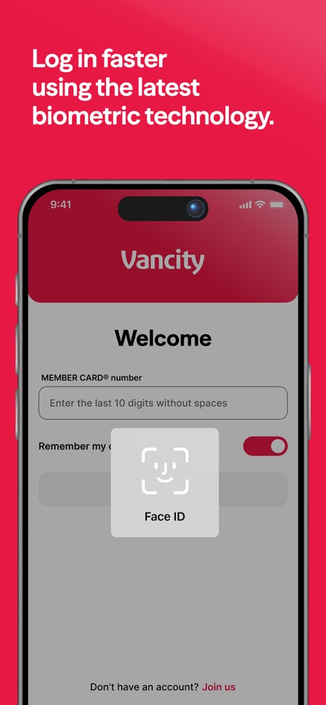 Vancity - Dieser Screenshot zeigt den schnellen Biometrischen Login-Bildschirm, der die „Face ID“-Funktion und den „Remember my“-Schalter für eine personalisierte Erfahrung hervorhebt.